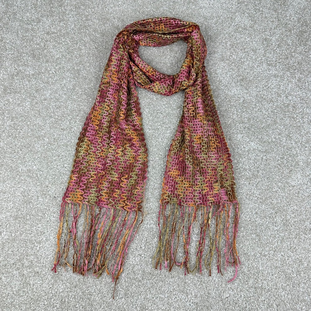 Vintage Zigzag Knit Scarf Pink Orange Gold Metallic Chevron Fringe Missoni Style